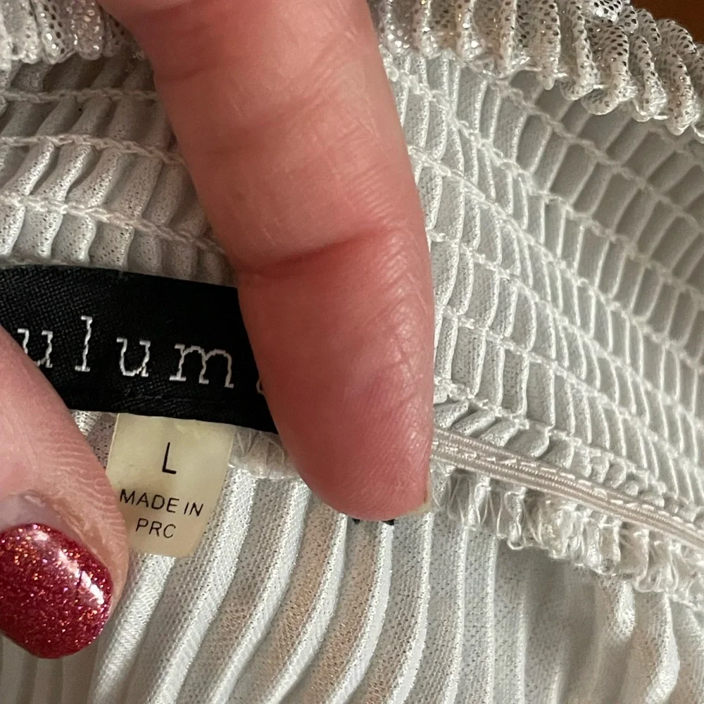 Anthropologie Lulumari shimmer silver elastic on off shoulder pleat blouse sz LG - Picture 14 of 15